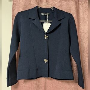 NWT Zara Navy Blue Sweater Blazer W/Decorative Silver Buttons Classic Chic